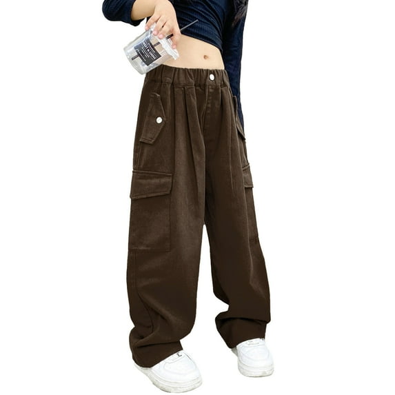 renvena Girls Cargo Pants Street Hip Hop Dance Trousers Athletic Hiking Sports Jogger Sweatpants 5-14 Brown 8