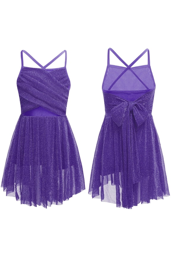Girls Chiffon Ballet Dance Lyrical Ballerina Spaghetti Empire Waist Leotard Dress Purple 8