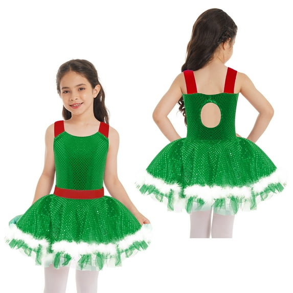 renvena Girls Christmas Santa Claus Dress Xmas Suit Figure Ice Skating Rave Dance Tutu Dress Green 4