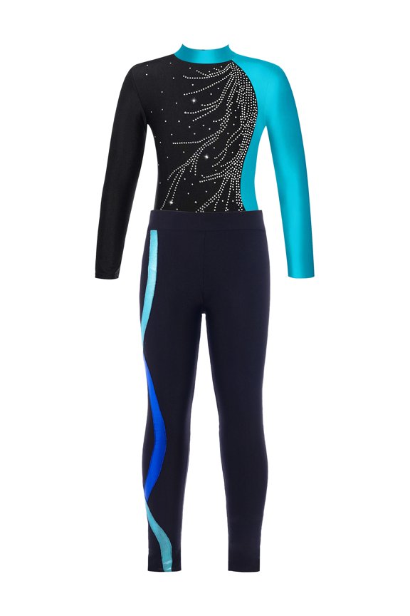 Girls Dance Long Sleeve Unitard Bodysuit with Leggings Gymnastics Leotard Ballet Suit Size 6-14 Blue Green&Royal Blue 8