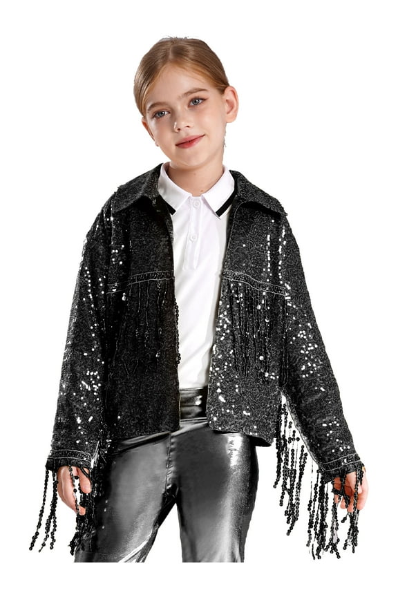 Girls Disco Dance Jackets Sequins Fringed Long Sleeve Open Front Cardigan Birthday Party Tops Black 14