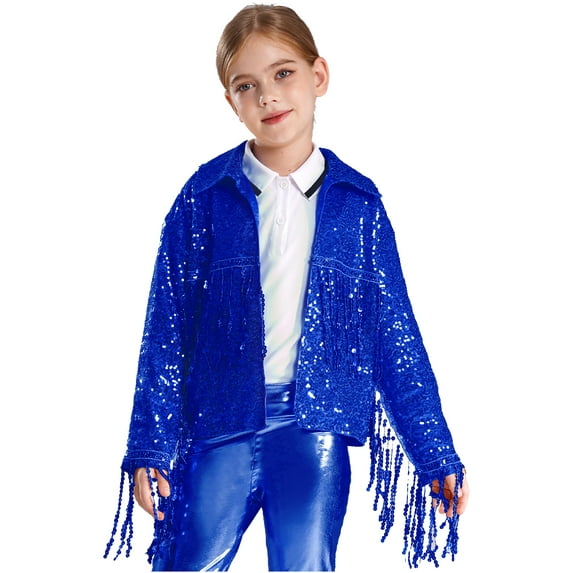 renvena Girls Disco Dance Jackets Sequins Fringed Long Sleeve Open Front Cardigan Birthday Party Tops Blue 10