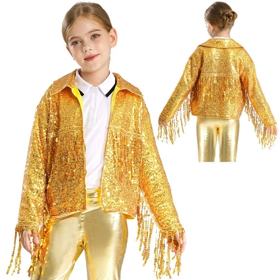 renvena Girls Disco Dance Jackets Sequins Fringed Long Sleeve Open Front Cardigan Birthday Party Tops Gold 16