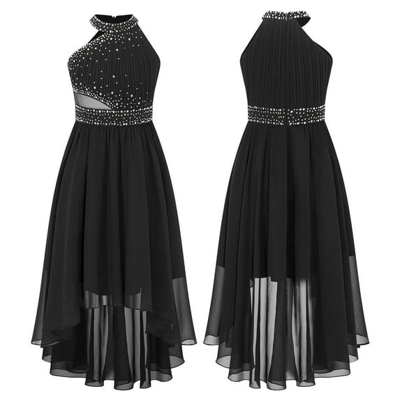 renvena Girls High Low Dress Halter Sleeveless Wedding Pageant Party Ruched Chiffon Formal Flower Dress Black 6