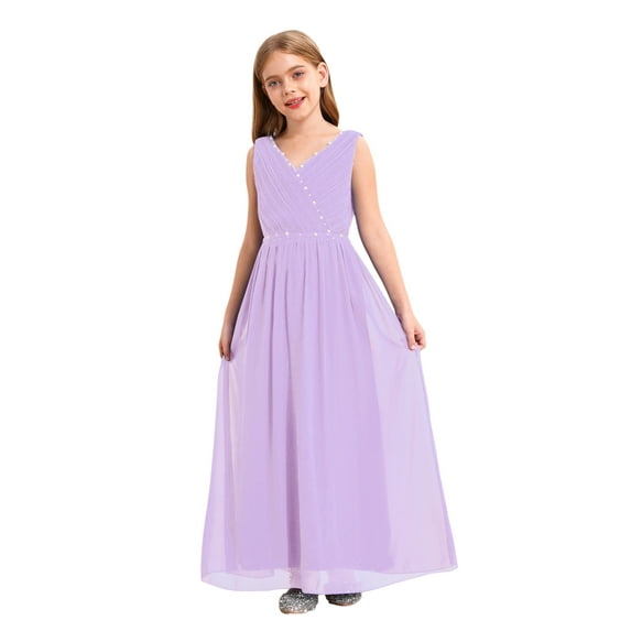 renvena Girls' Kids Chiffon Sleeveless Beaded Wedding Junior Bridesmaid Dance Prom Party Dress Lavender 8