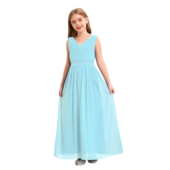 renvena Girls' Kids Chiffon Sleeveless Beaded Wedding Junior Bridesmaid Dance Prom Party Dress Light Blue 8