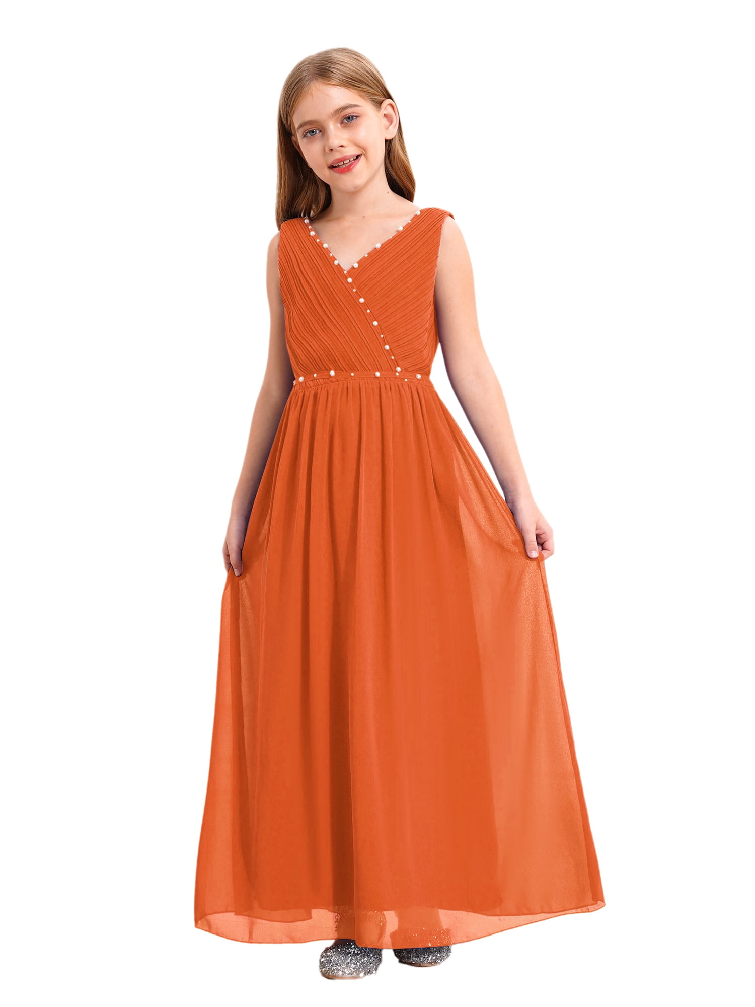 renvena Girls' Kids Chiffon Sleeveless Beaded Wedding Junior Bridesmaid Dance Prom Party Dress Orange 6 renvena Girls' Kids Chiffon Sleeveless Beaded Wedding Junior Bridesmaid Dance Prom Party Dress Orange 6