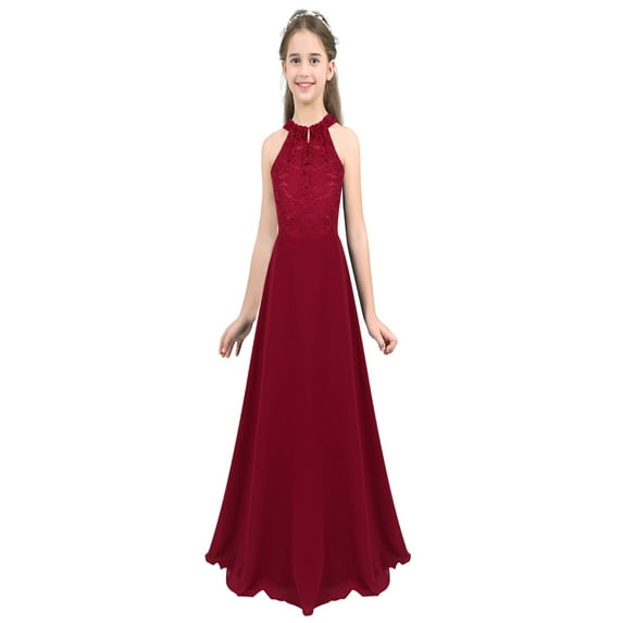 renvena Girls Kids Halter Neck Floral Lace Top Flower Dress Wedding Bridesmaid Party Ball Gowns