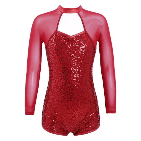 renvena Girls Kids Long Sleeves Mock Neck Sparkling Sequins Gymnastics Leotard Biketard with Shorts Dance