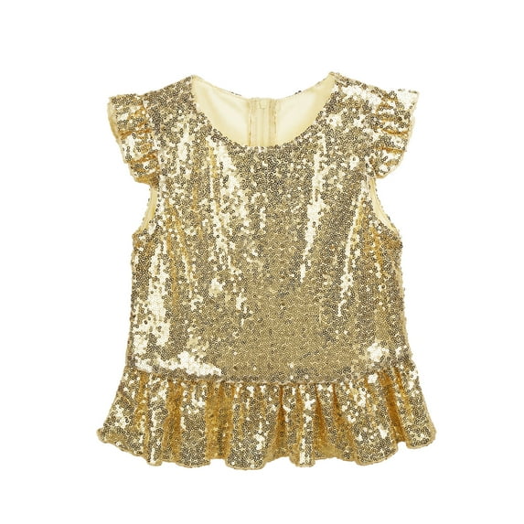 renvena Girls Kids Mermaid Short Flutter Sleeves Sparkly Sequins Top for Carnival Theme Party A Gold 10