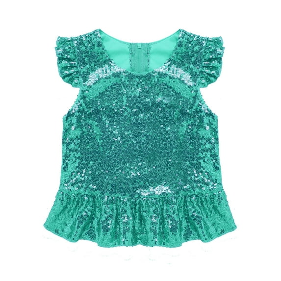 renvena Girls Kids Mermaid Short Flutter Sleeves Sparkly Sequins Top for Carnival Theme Party Lake Green 10