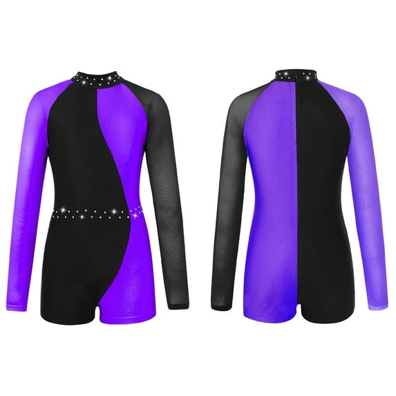 renvena Girls Kids One Piece Sequin Long Sleeve Athletic Gymnastic Leotard Athletic Sports Unitard Bodysuit