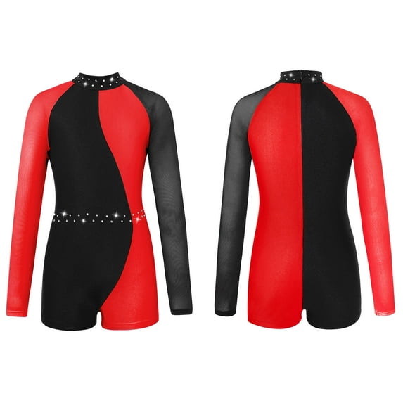 renvena Girls Kids One Piece Sequin Long Sleeve Athletic Gymnastic Leotard Athletic Sports Unitard Bodysuit
