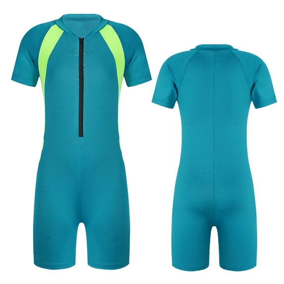 renvena Girls Kids One Piece Swimsuit Short Sleeves Rash Guard UPF 50+ with Front Zipper Closure Sky Blue 6-8