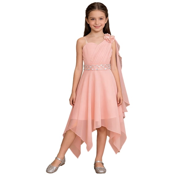renvena Girls Kids One Shoulder Flower Dress Pleated Chiffon Wedding Bridesmaid Pageant Prom Ball Gown Pink 10