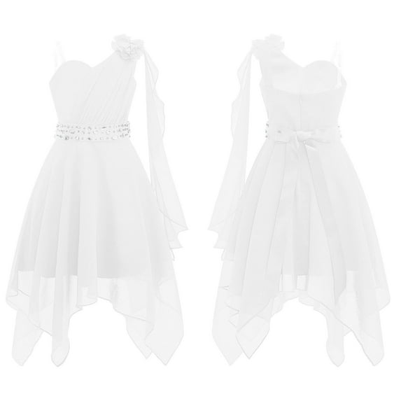renvena Girls Kids One Shoulder Flower Dress Pleated Chiffon Wedding Bridesmaid Pageant Prom Ball Gown White 14