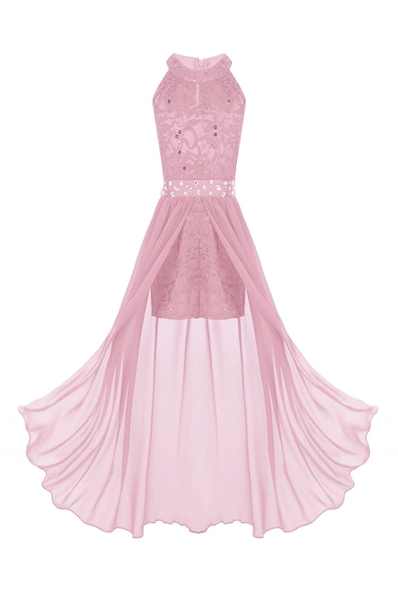 Girls Lace Flower Rhinestone Long Romper Bridesmaid Dress Wedding Birthday Party Dress