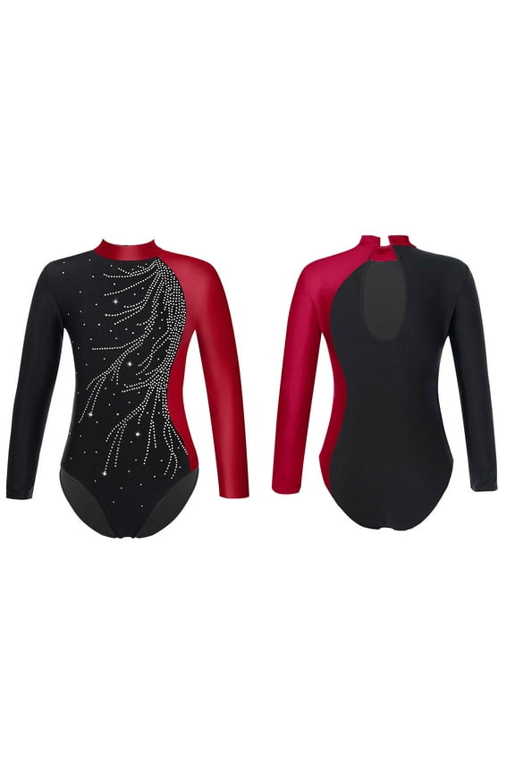 Girls Long Sleeve Gymnastics Leotard Shiny Ballet Dance Bodysuit Size 6-16 Burgundy 16