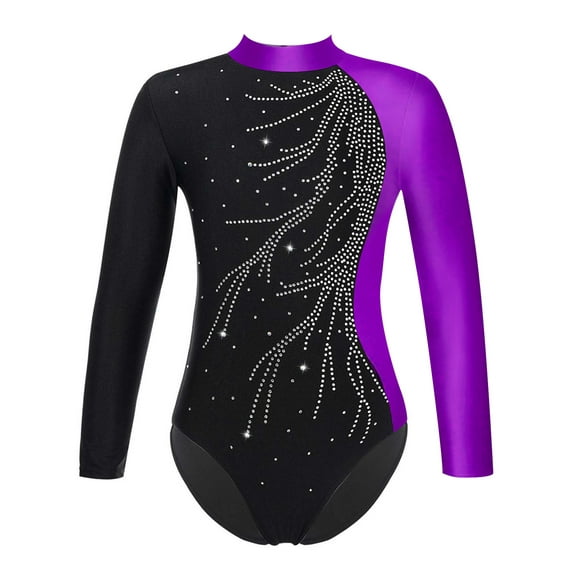 renvena Girls Long Sleeve Gymnastics Leotard Shiny Ballet Dance Bodysuit Size 6-16 Purple 14