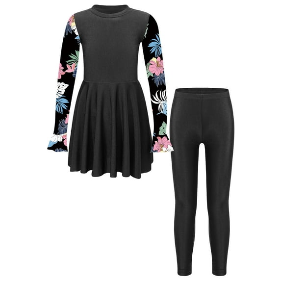 renvena Girls Long Sleeve Swim Dress Top with Athletic Leggings Two Pieces Rashguard Set 6-16 Black 14