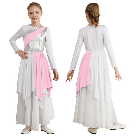 renvena Girls Metallic Liturgical Praise Dance Color Block Long Sleeve Asymmetrical Worship Dress Size 4-16 Pink 4