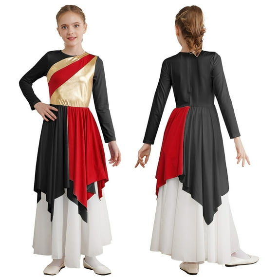 renvena Girls Metallic Liturgical Praise Dance Color Block Long Sleeve Asymmetrical Worship Dress Size 4-16 Red 16