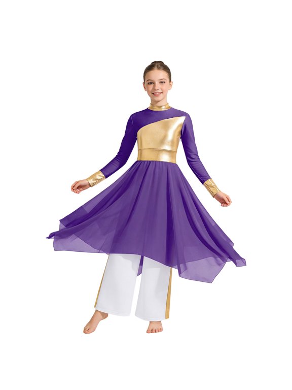 Girls Praise Dance Dress Long Sleeve Prayer Robe Worship Liturgical with Palazzo Pants Outfit Purple&White 6