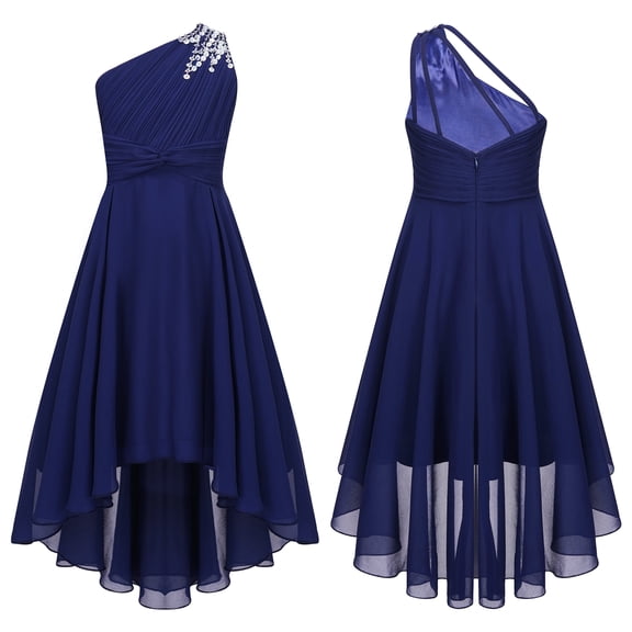 renvena Girls Sequins One Shoulder High Low Birthday Wedding Bridesmaid Dress 6-16 A Navy Blue 14