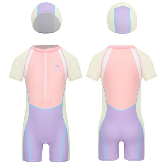 renvena Girls Short Sleeve Rash Guard Swimsuit Bathing Suit UV Sun Protection Swimwear with Swim Hat Pink L
