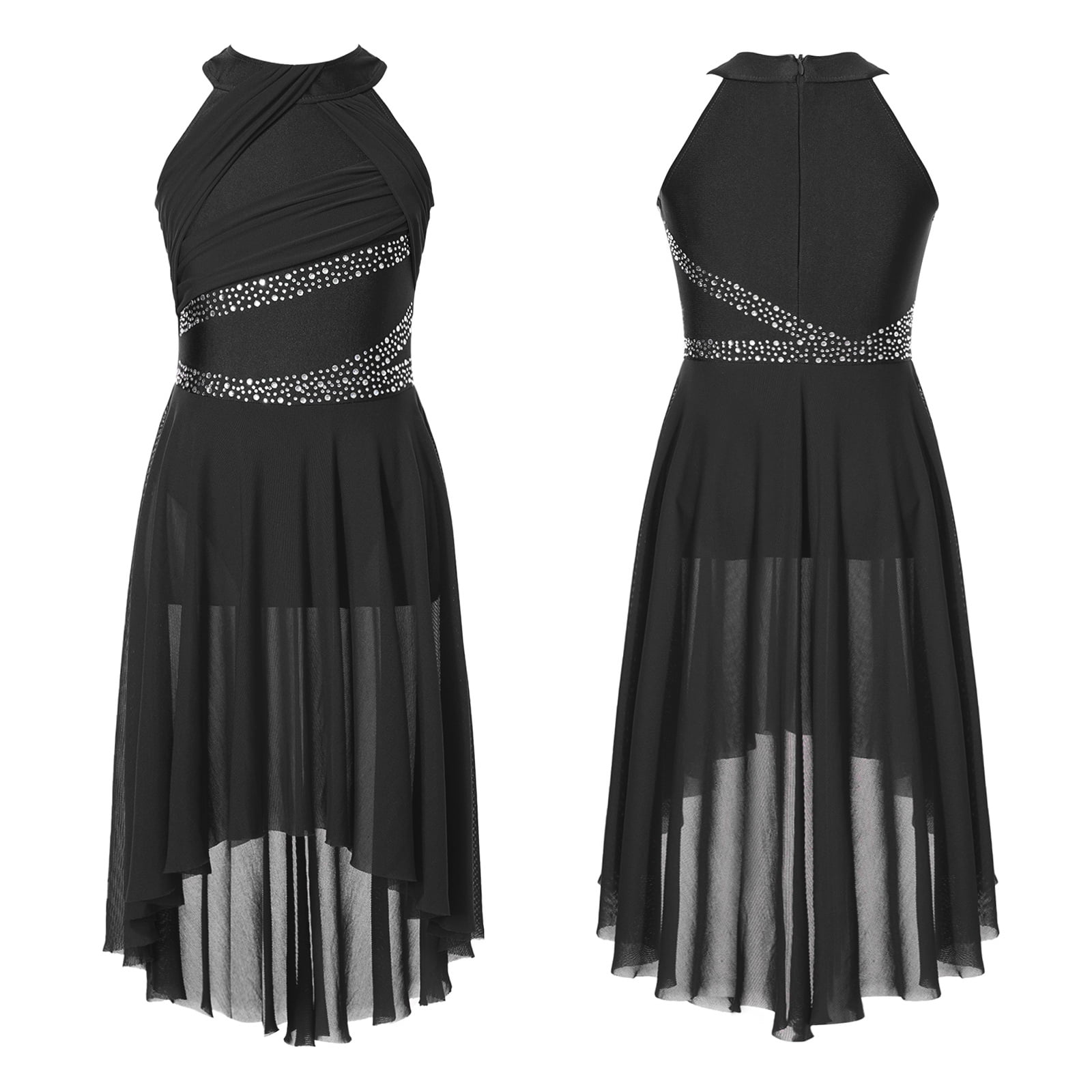 Renvena Girls Sleeveless Ballet Dance Lyrical Modern Contemporary Halter Neck High-Low Maxi Dress Black 12, Girl's