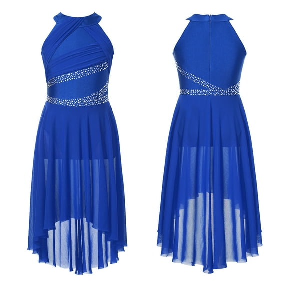 renvena Girls Sleeveless Ballet Dance Lyrical Modern Contemporary Costume Halter Neck High-low Maxi Dress Royal Blue 12