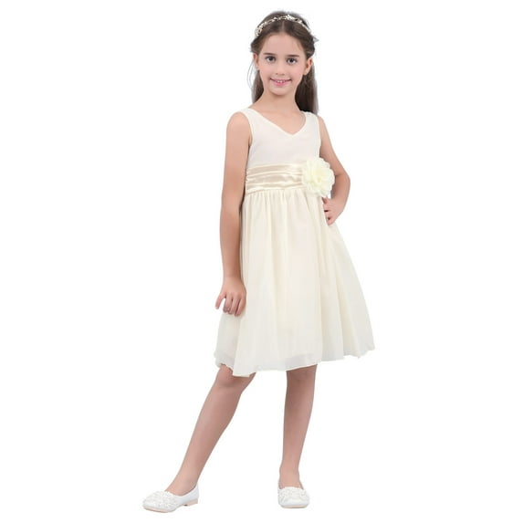 renvena Girls Toddler Kids Flower Chiffon Pleated Bridesmaid Wedding Pageant Party Dress Cream 12