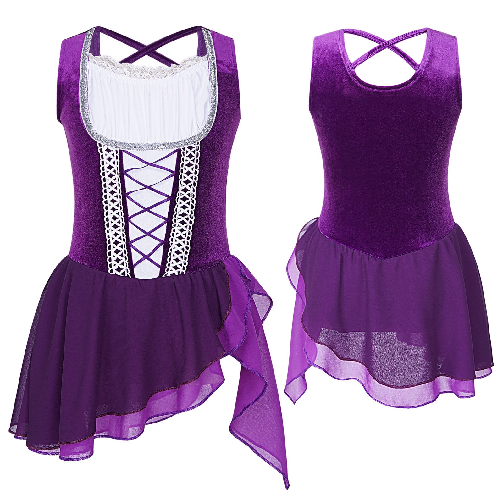 renvena Girls Velvet Sleeveless Ruffle Figure Skating Dress Gothic