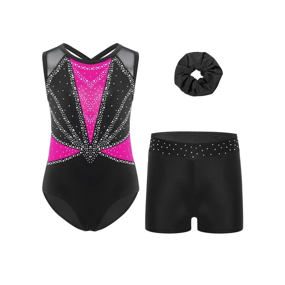 renvena Gymnastics Leotard for Girls Sleeveless Sparkle Dance Bodysuit Athletic Unitard with Shorts Hairband Hot Pink 14