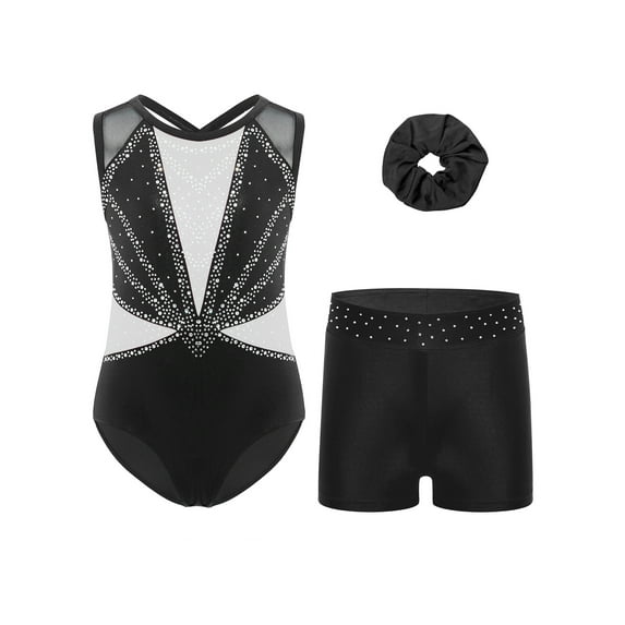 renvena Gymnastics Leotard for Girls Sleeveless Sparkle Dance Bodysuit Athletic Unitard with Shorts Hairband White 14