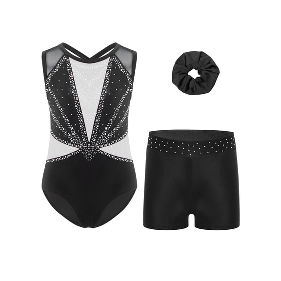 renvena Gymnastics Leotard for Girls Sleeveless Sparkle Dance Bodysuit Athletic Unitard with Shorts Hairband White 8