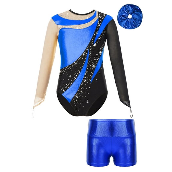 renvena Gymnastics Leotards for Girls Tumbling Biketards Ballet Dance Outfit with Hair Band Unitard with Shorts Royal Blue 12