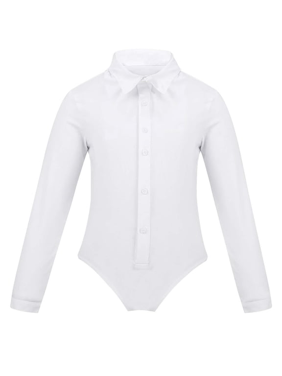 Kid Boys Long Sleeve Ballroom Latin Modern Salsa Dance Shirt Romper Bodysuit Tuxedo Leotard Dancewear White 12