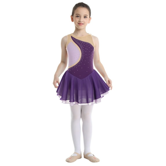renvena Kid Girls Figure Ice Skating Dress Rhinestones Leotard Ballet Tutu Skirts Dancewear Size 6-16 A Purple 6