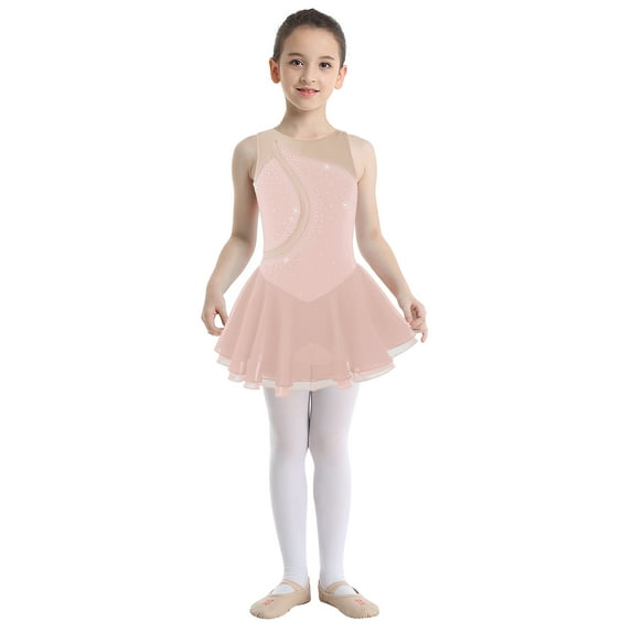 renvena Kid Girls Figure Ice Skating Dress Rhinestones Leotard Ballet Tutu Skirts Dancewear Size 6-16 Pink 6