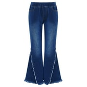 RENVENA Kid Girls Youth Junior Denim Jeans Bell Bottom Flare Pants High Waist Wide Leg Ruffled Trousers