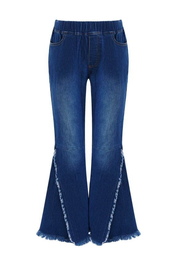 Kid Girls Youth Junior Denim Jeans Bell Bottom Flare Pants High Waist Wide Leg Ruffled Trousers