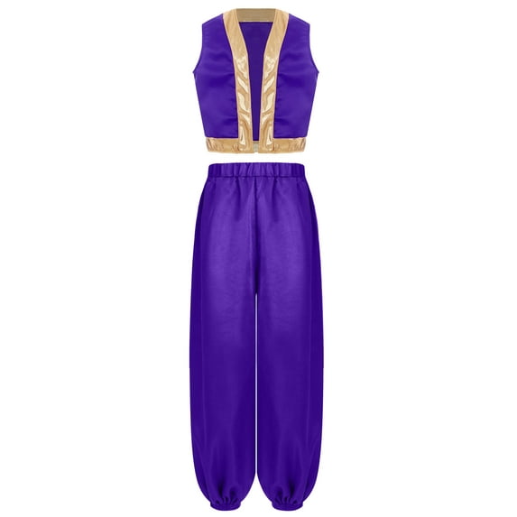 renvena Kids Arabian Prince Street Rats Costume For Boys Gold Trim Waistcoat With Harem Dance Pants Purple 12