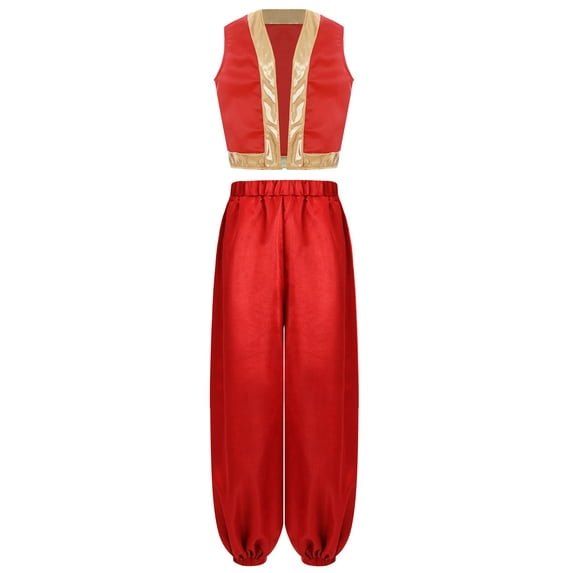 renvena Kids Arabian Prince Street Rats Costume For Boys Gold Trim Waistcoat With Harem Dance Pants Red 16