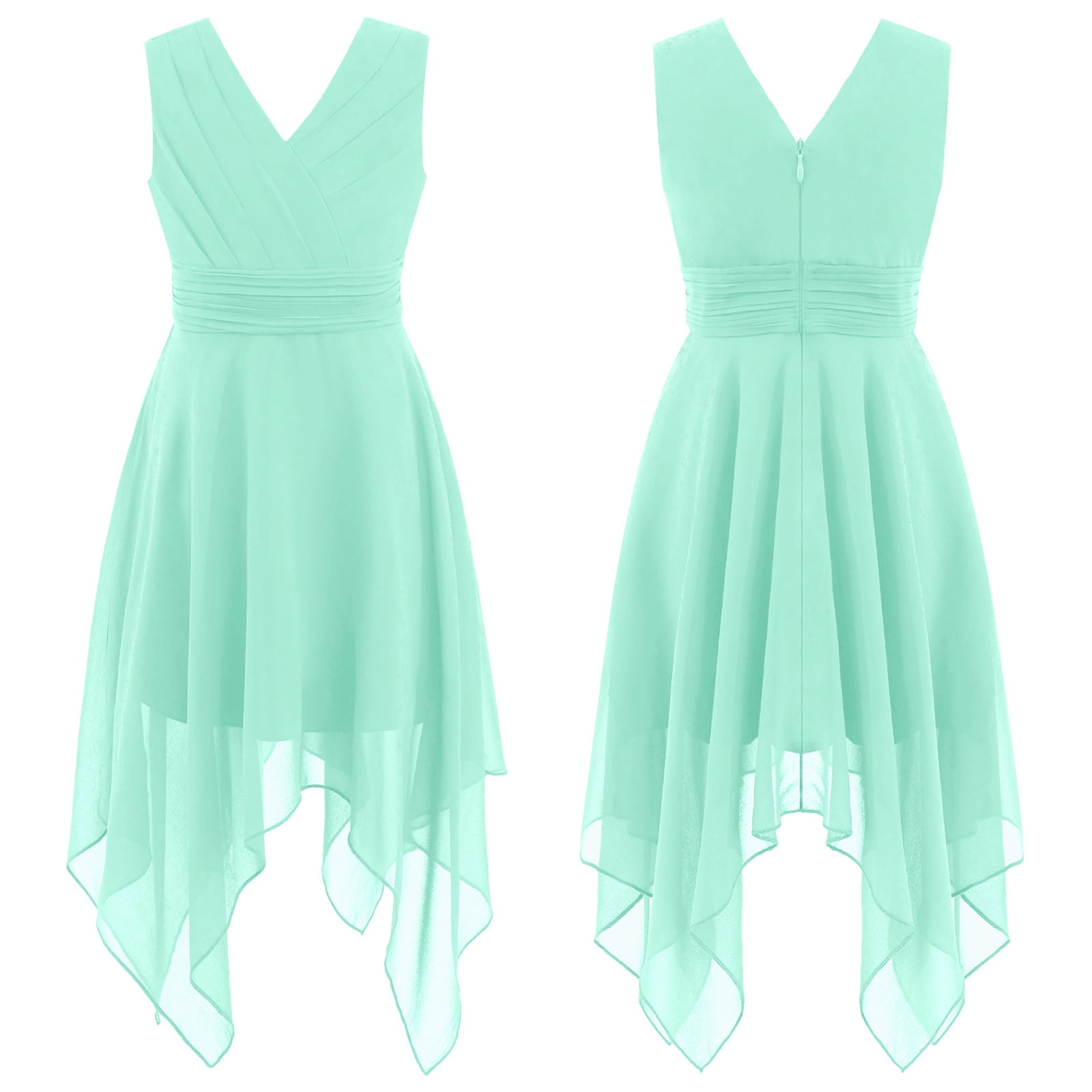 Flutter Sleeves V-neck Asymmetrical Junior Bridesmaid Dresses Silver main image 0