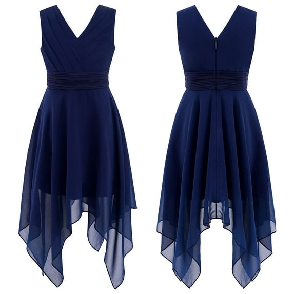renvena Kids Asymmetrical Chiffon Junior Bridesmaid Dress V Neck Sleeveless Wedding Party Flower Girls Dress
