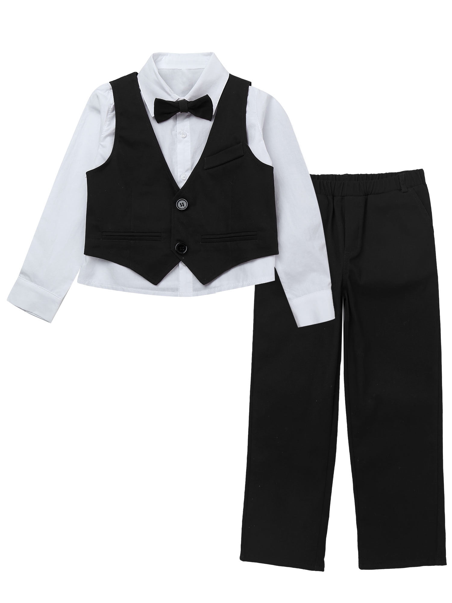 renvena Kids Boys 4-Piece Formal Gentleman Suit Shirt Vest with Pants and Bowknot Wedding Birthday Party Outfit Set 2-16 Black 4