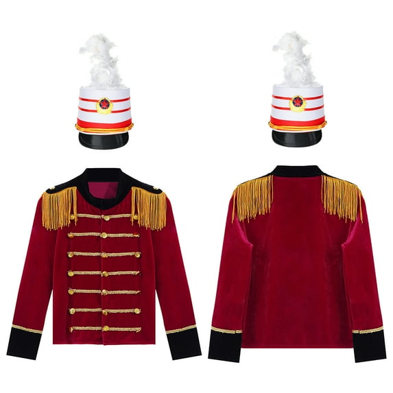renvena Kids Boys Drum Trumpet Team Honor Guard Uniform Halloween Tassels Adorned Blazers Tops with Hat Red 16