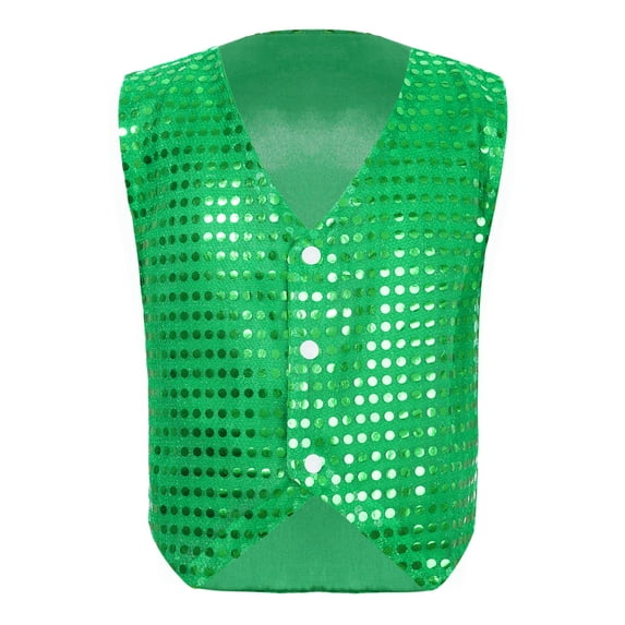 renvena Kids Boys Girls Sequins Vest Glittery Jacket Waistcost for Jazz Hip Hop Dance Age 7-15 Green 14-15