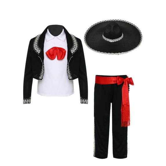 renvena Kids Boys Mexican Amigo Outfits Mariachi Charro Fancy Dress Pants Set for Halloween Theme Party Black 13-14